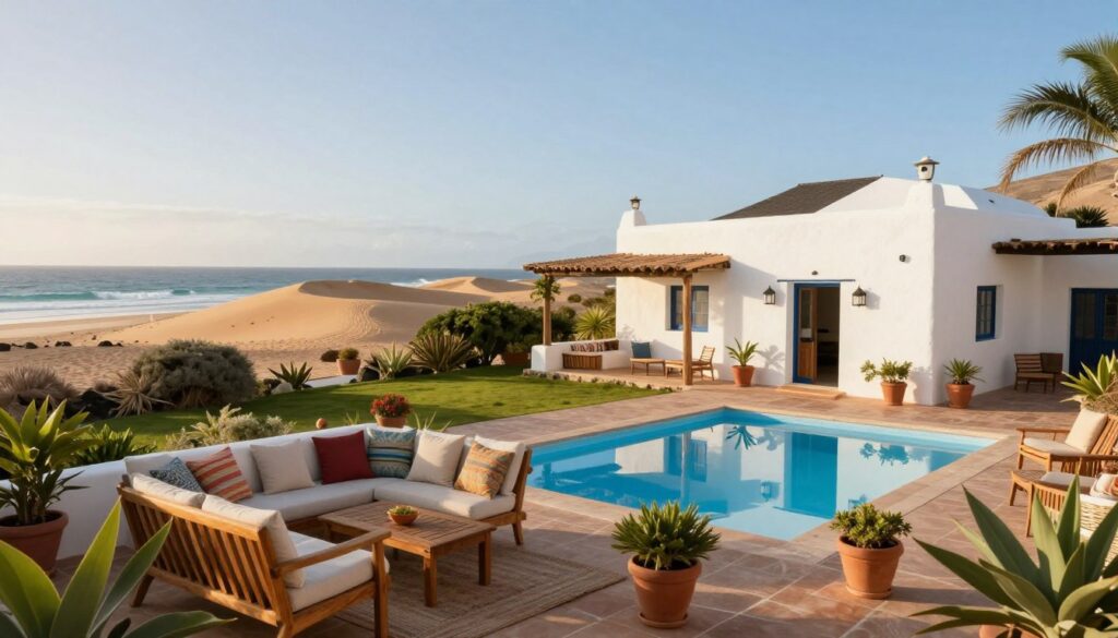A serene view of Fuerteventura, showcasing a cozy, inviting home that blends harmoniously with the natural landscape. In the foreground, a comfortable terrace with wooden furniture and colorful cushions invites relaxation, adorned with potted plants. The middle ground features a rustic, white-washed villa with warm sunlit walls, surrounded by lush green gardens and a clear blue pool reflecting the sky. In the background, gentle sand dunes and the ocean create a stunning contrast, with soft waves lapping at the shore under a bright, cloudless sky. The lighting is warm and golden, evoking a sense of tranquility and peacefulness, perfect for a restful retreat. The atmosphere is calm and rejuvenating, ideal for a personal sanctuary. A serene view of Fuerteventura, showcasing a cozy, inviting home that blends harmoniously with the natural landscape. In the foreground, a comfortable terrace with wooden furniture and colorful cushions invites relaxation, adorned with potted plants. The middle ground features a rustic, white-washed villa with warm sunlit walls, surrounded by lush green gardens and a clear blue pool reflecting the sky. In the background, gentle sand dunes and the ocean create a stunning contrast, with soft waves lapping at the shore under a bright, cloudless sky. The lighting is warm and golden, evoking a sense of tranquility and peacefulness, perfect for a restful retreat. The atmosphere is calm and rejuvenating, ideal for a personal sanctuary.