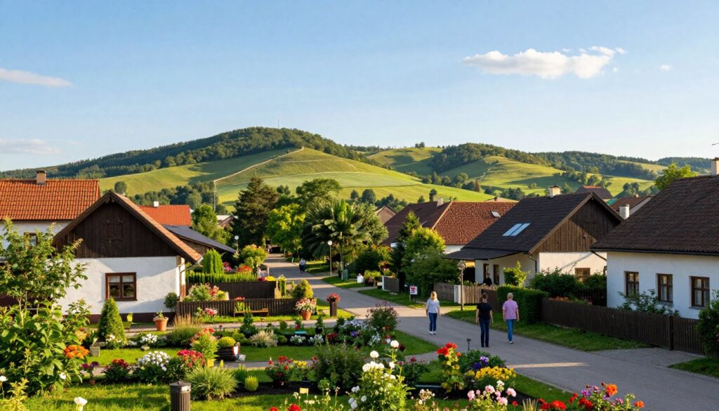 A serene view of Jaktorów-Kolonia, a small picturesque village surrounded by lush greenery, highlighting its peaceful residential charm. The foreground features quaint houses with vibrant gardens bursting with colorful flowers, creating a welcoming atmosphere. In the middle ground, a tree-lined pathway winds through the village, inviting exploration, with a few locals dressed in modest casual clothing leisurely enjoying the day. The background showcases gently rolling hills bathed in warm sunlight, casting soft shadows that enhance the tranquil mood. The sky is clear and blue, with a few wispy clouds, suggesting a pleasant afternoon. Use natural daylight to illuminate the scene, portraying a sense of community and comfort in this idyllic setting.