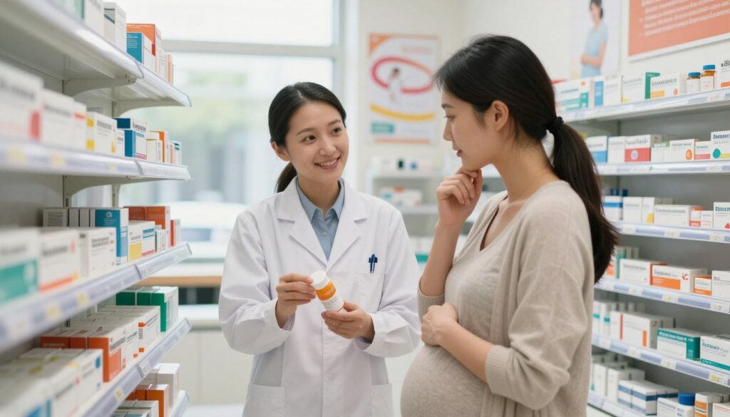 A serene, well-lit pharmacy interior, showcasing shelves lined with various prescription medications. In the foreground, a pregnant woman dressed in modest casual clothing, appearing thoughtful and engaged, as she looks at a prescription bottle. In the middle, a pharmacist, wearing a professional white coat, assists her with a warm smile. Soft, natural lighting filters through the windows, creating a welcoming atmosphere. The background features detailed labels on medicine boxes and colorful health posters emphasizing prenatal care. The overall mood is supportive and informative, capturing the essence of accessible healthcare for pregnant women receiving free medications. The perspective is slightly from above, emphasizing both the woman and pharmacist in friendly interaction within the pharmacy setting.