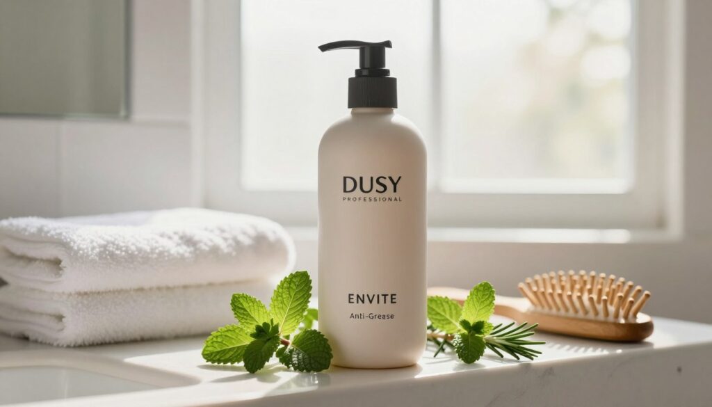 A sleek bottle of Dusy Professional Envite Anti-Grease shampoo sits elegantly on a stylish bathroom shelf. The bottle is designed with a modern, minimalist aesthetic featuring soft curves and a matte finish, reflecting light subtly. In the foreground, fresh green herbs like mint and rosemary are artistically arranged around the bottle, emphasizing the natural ingredients that combat oily hair. The middle of the image captures a soft-focus bathroom setting with luxurious, fluffy towels and a wooden hairbrush, creating a serene atmosphere. Behind, soft natural light streams through a frosted window, illuminating the scene with a warm glow, evoking a refreshing and rejuvenating feel. The overall mood is clean, inviting, and professional, suitable for hair care enthusiasts seeking effective solutions.