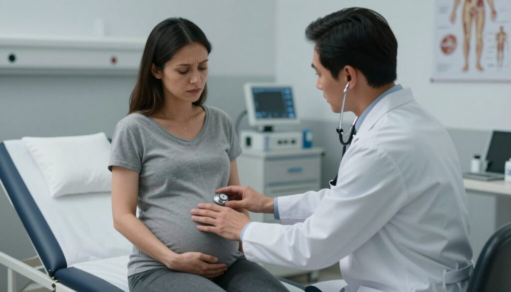 A somber scene depicting a medical examination room with a focus on a pregnant woman, dressed in modest casual clothing, sitting on an examination table with a concerned expression. In the foreground, a medical professional—wearing a lab coat and a stethoscope—examines the woman with an attentive demeanor, showing compassion and care. The middle ground features medical equipment and soft, diffused lighting, which creates a calm atmosphere. In the background, subtle hints of medical charts and anatomical posters can be seen, emphasizing the clinical environment. The overall mood is serious yet hopeful, capturing the emotional weight of the situation while maintaining a professional and respectful tone. The image should evoke empathy and understanding without any text or graphic content.