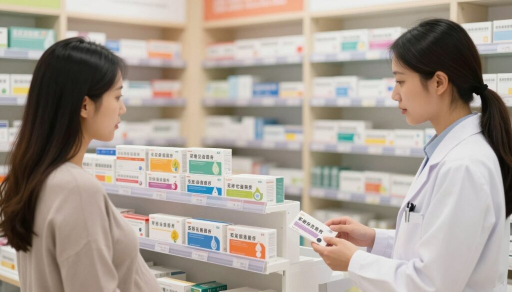 A soothing, well-lit pharmacy interior showcasing a clean, organized display of pregnancy-safe diarrhea medications. In the foreground, a professional looking pharmacist, dressed in smart casual attire, is consulting a pregnant woman, who appears interested and engaged. The middle focus should highlight a selection of medication boxes carefully labeled as safe for pregnancy, adorned with calming colors and natural motifs. The background features shelves lined with health-related products and soft, warm lighting to create a welcoming atmosphere. The overall mood is reassuring, emphasizing safety and care, while maintaining a professional and informative tone throughout the scene.