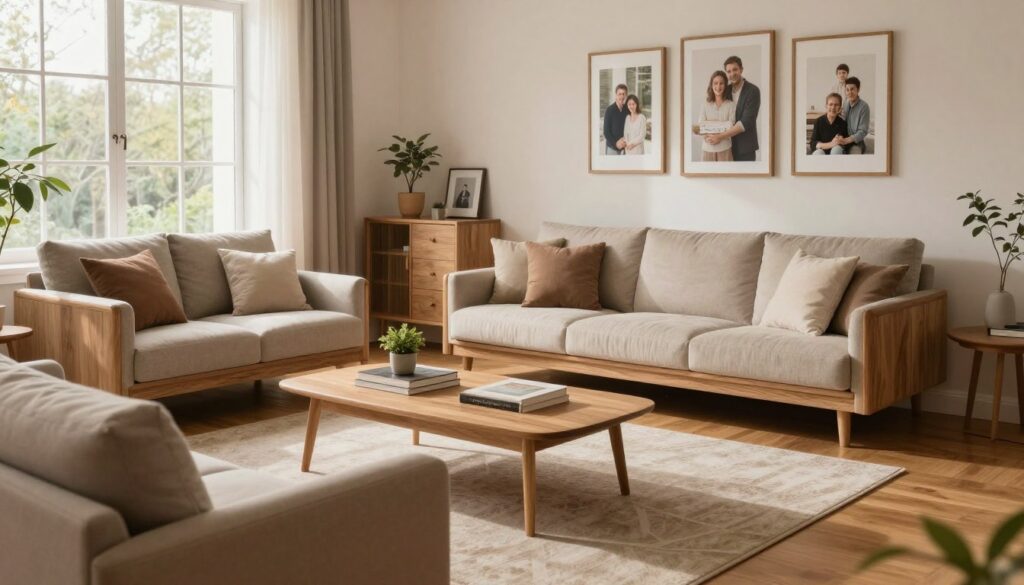 A spacious, modern living room interior that reflects a warm, inviting atmosphere, featuring elegant wooden furniture and tasteful decor. The foreground showcases a cozy sofa with plush cushions and a coffee table adorned with a few art books and a small plant. In the middle, a stylish rug lies on polished wooden flooring, complementing the overall aesthetic. To the left, a large window allows soft, natural light to fill the room, casting gentle shadows. The background displays framed family photos on the walls and tasteful artwork, adding personality to the space. The color palette includes soft earth tones, enhancing the relaxed mood. A slight lens focus on the seating area gives depth to the composition, inviting viewers into the serene domestic environment reminiscent of a personal sanctuary.