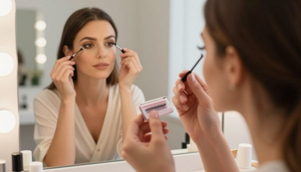 A step-by-step guide to applying magnetic eyelashes, featuring a close-up view of a well-lit bathroom vanity. In the foreground, a pair of hands carefully holds a set of magnetic eyelashes, showing the subtle shimmer of the lashes. In the middle ground, an elegant, modestly dressed woman gazes into a mirror, showcasing a focused expression as she prepares for application. The background consists of a tidy bathroom setting with soft, warm lighting to create a welcoming atmosphere. The scene is captured with a shallow depth of field, ensuring the main subjects are sharp while the background softly blurs, enhancing the tutorial quality of the image. The overall mood is calm and professional, emphasizing an easy-to-follow beauty routine.
