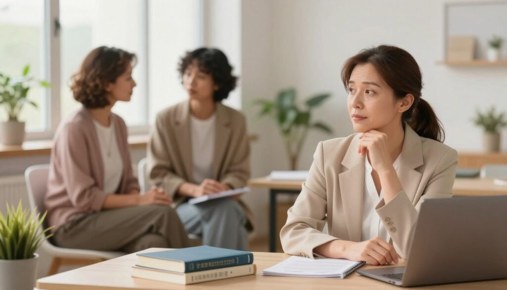 A thoughtful illustration representing menopause, featuring a diverse group of middle-aged women in a serene office environment. In the foreground, a woman in professional business attire, with a contemplative expression, sits at a desk with medical textbooks and a laptop. In the middle ground, two women engage in a supportive conversation, showcasing camaraderie and understanding of the menopausal experience. The background features soft natural lighting filtering through large windows, enhancing a calming atmosphere. The setting is adorned with subtle plants and warm neutral colors, creating a welcoming feel. The overall mood is one of empowerment and knowledge, reflecting themes of biological boundaries and female health.