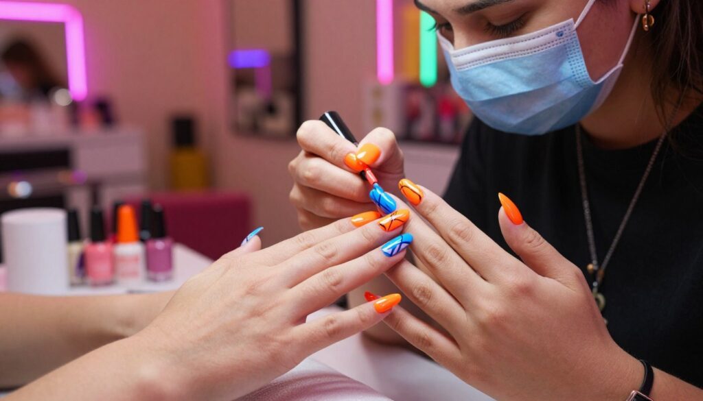 A vibrant, modern nail salon scene featuring bold neon orange and electric blue nail designs prominently on display. In the foreground, manicured hands showcase intricate nail art combining both colors with geometric patterns and glossy finishes. The middle ground captures a stylish nail technician applying polish under bright, colorful lighting that enhances the neon effect. The background is softly blurred, revealing chic salon decor with a hint of glam, slick mirrors, and a warm ambiance. The image is lit with dynamic, colorful neon lights to convey a trendy and energetic atmosphere, captured with a close-up angle to focus on the nail art details. Overall, the mood is lively, creative, and inviting, perfect for illustrating a modern style statement.