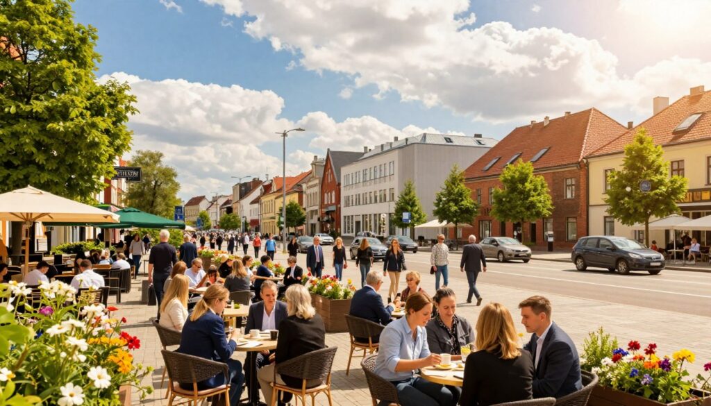 A vibrant view of Włocławek, showcasing its bustling city center as a hub of activity. In the foreground, a lively street scene with people in smart casual attire engaging in conversation and enjoying outdoor cafés. The middle ground features modern buildings and city landmarks, like the Vistula Boulevards, framed by lush greenery and blooming flowers. In the background, the majestic skyline under a bright blue sky with soft, fluffy clouds, hinting at a sunny day. The warm, inviting light enhances the atmosphere of community and engagement. Shot from a slightly elevated angle to capture the lively energy of Włocławek, emphasizing its role as a center of activity for residents. A vibrant view of Włocławek, showcasing its bustling city center as a hub of activity. In the foreground, a lively street scene with people in smart casual attire engaging in conversation and enjoying outdoor cafés. The middle ground features modern buildings and city landmarks, like the Vistula Boulevards, framed by lush greenery and blooming flowers. In the background, the majestic skyline under a bright blue sky with soft, fluffy clouds, hinting at a sunny day. The warm, inviting light enhances the atmosphere of community and engagement. Shot from a slightly elevated angle to capture the lively energy of Włocławek, emphasizing its role as a center of activity for residents.
