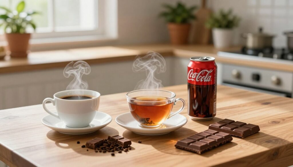 A visually engaging composition illustrating the concept of caffeine content. In the foreground, a beautiful wooden table displaying a variety of caffeine sources: a steaming cup of coffee, a delicate teacup filled with herbal tea, a classic cola can, and an assortment of chocolate bars. In the middle ground, a cozy kitchen setting with soft, natural light streaming through a window, casting gentle shadows. The background showcases potted plants, adding a tranquil atmosphere. The overall mood is serene and informative, with a focus on the subject of caffeine in everyday items. The image should be bright and inviting, captured from a slight overhead angle to focus on the vibrant colors and details of each item.