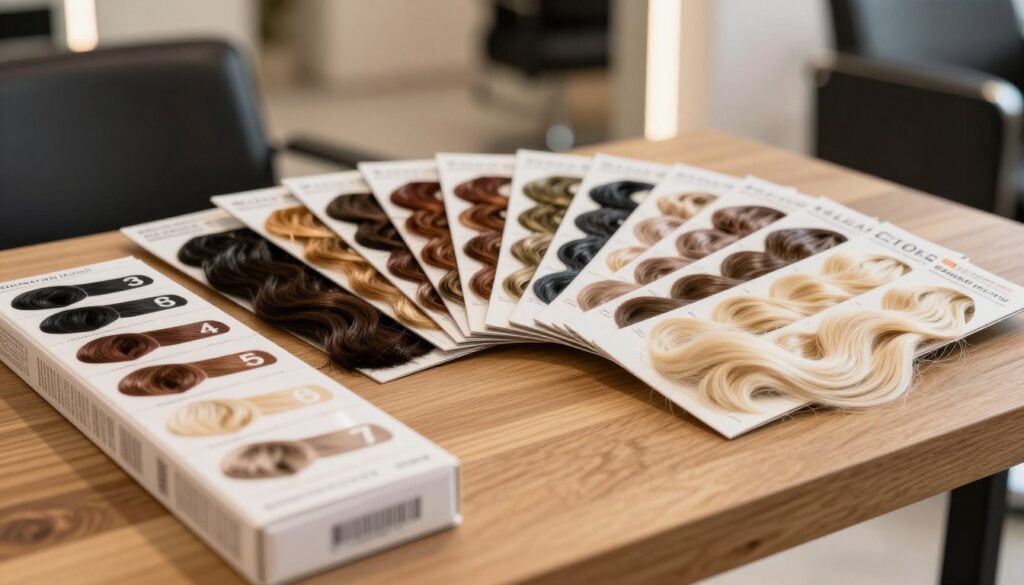 A visually striking composition showcasing a variety of hair color swatches arranged neatly on a wooden table. In the foreground, display hair dye boxes with numbers indicating different color levels, marked clearly with labels such as 1 (black) to 10 (platinum blonde). In the middle ground, an elegant array of hair color palettes fanned out, illustrating the gradient from very dark to very light shades, smoothly blending into each other. The background features a softly blurred salon setting with warm, inviting lighting, enhancing the professionalism of the image. The atmosphere conveys a sense of creativity and style, appealing to readers interested in hair color selection. The focus should be on the colors and textures, avoiding any human presence while maintaining a clean, engaging presentation.
