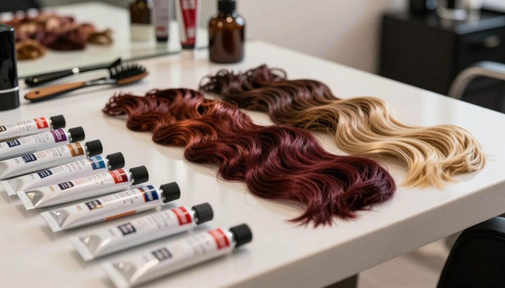 A visually striking image showcasing a palette of hair color swatches, prominently displaying several vibrant shades of hair dye. In the foreground, a well-organized collection of hair dye tubes and their corresponding color charts is laid out on a sleek, modern table. The middle ground features a carefully arranged mix of warm and cool tones, illustrating the range from deep burgundy to soft blonde, with reflective surfaces to enhance color vibrancy. The background shows an aesthetic salon setting with elegant hair styling tools and soft, natural lighting, conveying a welcoming and professional atmosphere. The image should evoke a sense of creativity and exploration, inviting viewers to discover the possibilities of hair color choices.