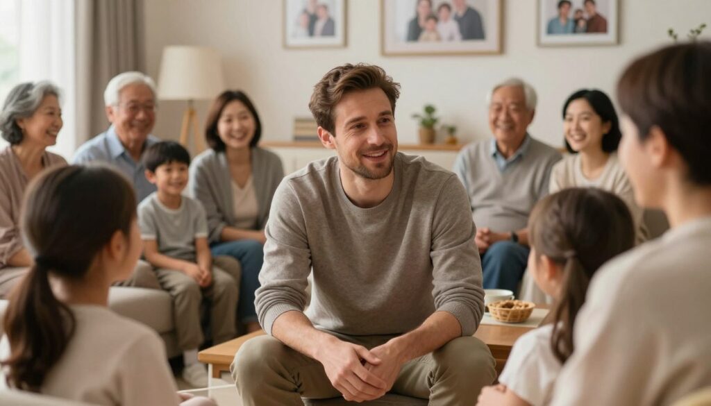 A warm family gathering scene featuring Jarek Onopiuk at the center, surrounded by family members in a cozy living room. Foreground: Jarek, a man in his thirties, wearing casual, modest clothing, is engaged in a conversation with family, exuding warmth and confidence. Middle ground: Various family members of different ages, including children and grandparents, sharing stories and laughter, creating a sense of unity and connection. Background: A comfortable, well-decorated room with family photos on the walls and soft, ambient lighting that creates a welcoming atmosphere. The scene is captured with a soft focus lens, emphasizing the happy expressions and interactions while suggesting a narrative of familial support. The mood is heartwarming and reflective, showcasing the importance of Jarek's role in his family.