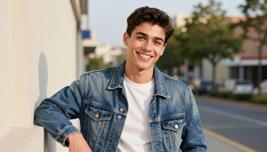Sebastian Wasiak, known as Wazzup, is a young male influencer with a friendly smile and an approachable demeanor. He has short, neatly styled dark hair and wears casual yet stylish attire, consisting of a fitted denim jacket over a simple white t-shirt. The foreground captures him in a relaxed pose, perhaps leaning against a wall, giving a sense of confidence and openness. In the middle ground, a softly blurred urban environment hints at his vibrant lifestyle, with trees and hints of modern architecture. The background is bathed in warm, natural light, suggesting a late afternoon glow, creating an inviting and breezy atmosphere. The image should be shot with a shallow depth of field, focusing on Sebastian while softening the surrounding elements to enhance his presence.