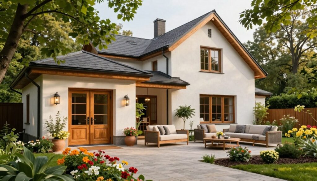 A beautiful view of Magda Gessler's luxurious home in Łomianki, Poland. The foreground features a welcoming entrance with elegant wooden doors and lush outdoor landscaping, including vibrant flower beds and leafy trees. The middle ground showcases a stylish, modern patio with comfortable seating, adorned with tasteful decor. In the background, the charming exterior of the house, with a contemporary mix of white stucco and warm wood accents, is visible under soft, natural sunlight. The scene is filled with a serene atmosphere, reflecting the taste and sophistication of a renowned restaurateur and television star. Capture the essence of a cozy yet upscale residence that embodies comfort and elegance. Focus on warm, inviting colors and balanced composition for a captivating and sophisticated visual.