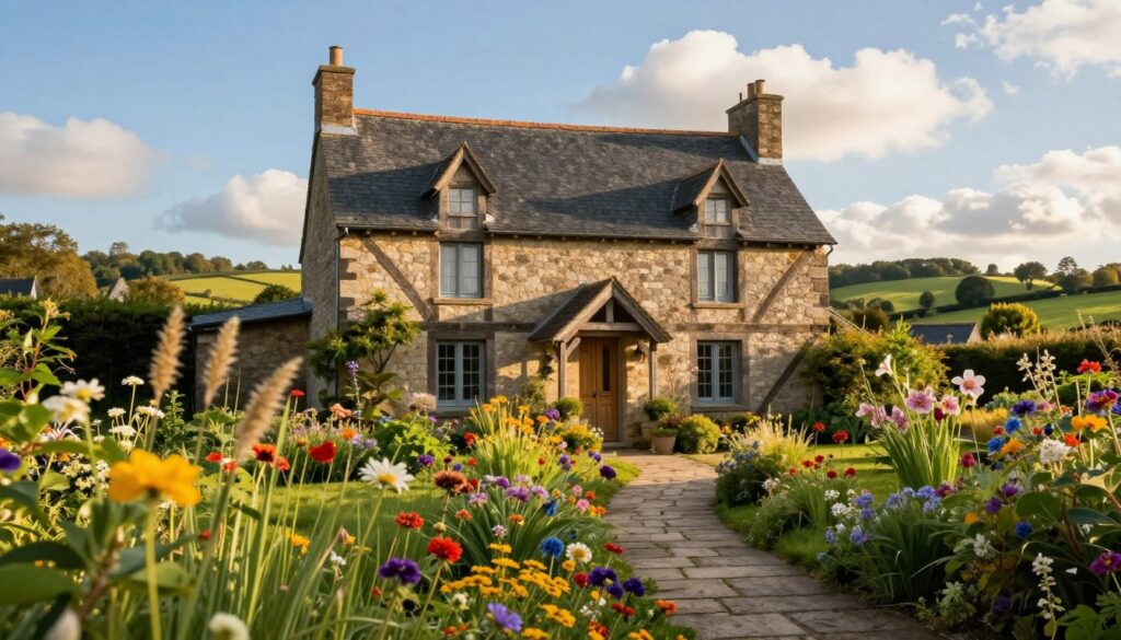 A charming house in Brittany, surrounded by lush green gardens and colorful wildflowers, is depicted in warm, golden afternoon light. In the foreground, vibrant flowers sway gently in the breeze, while a rustic stone pathway leads to the front door of the cozy home. The middle ground features the quaint architecture of the house, showcasing traditional Breton elements such as wooden beams and a slate roof. The background reveals a serene landscape of rolling hills and distant trees, under a clear blue sky with fluffy white clouds. The overall mood is tranquil and inviting, reflecting the everyday life of a filmmaker living away from the hustle of urban settings, emphasizing a connection to nature and a peaceful existence.