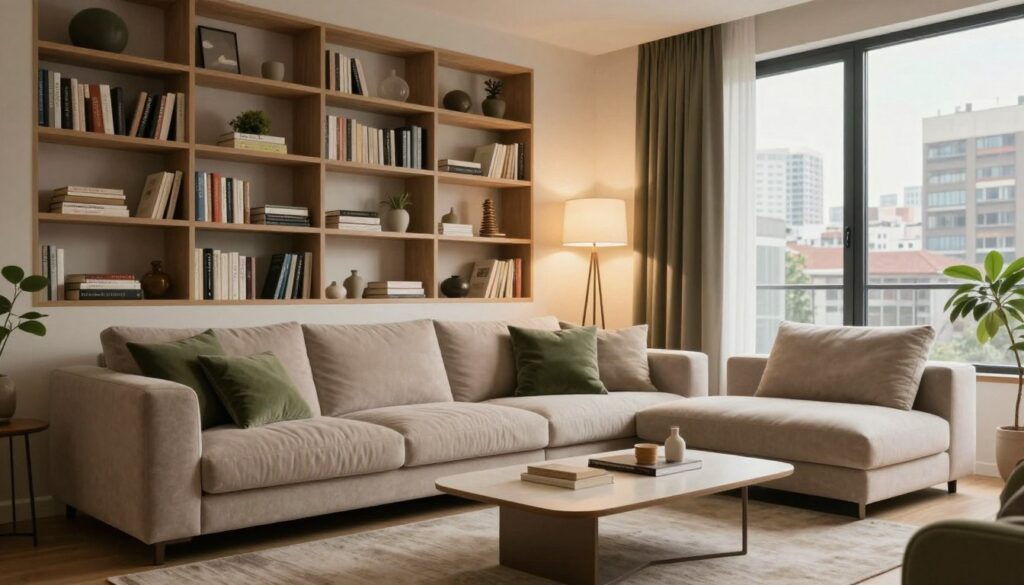 A cozy and inviting interior of a modern apartment, showcasing a well-designed living room. The focal point is a large, comfortable sofa adorned with plush cushions, positioned around a sleek coffee table. In the background, a wall of bookshelves filled with an array of books and decorative items adds depth. Soft, warm lighting from stylish floor lamps creates a relaxed atmosphere. The color palette features earthy tones of beige and green, enhancing the homely feel. A large window offers a glimpse of a bustling city outside, adding a sense of connection to the urban environment. The scene captures an inviting, personal space that reflects a creative and thoughtful lifestyle.