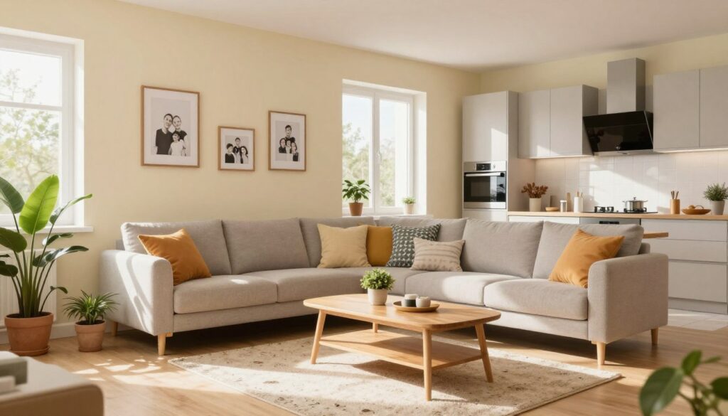 A cozy and inviting living room in "dom Henia" after recent renovations, showcasing a warm atmosphere. In the foreground, there are tasteful decorations such as potted plants and framed family photos. The middle features a modern, comfortable sofa adorned with colorful cushions, alongside a sleek wooden coffee table. A soft area rug provides warmth and texture. In the background, a fresh coat of light pastel paint covers the walls, and the sunlight streams in through large windows, casting gentle shadows. The kitchen area shows new cabinetry and shiny appliances, reflecting a contemporary design. Overall, the mood is cheerful and homely, emphasizing comfort and renewal, suitable for showcasing the transformations Henia's home has undergone with Marysia's touch. A cozy and inviting living room in "dom Henia" after recent renovations, showcasing a warm atmosphere. In the foreground, there are tasteful decorations such as potted plants and framed family photos. The middle features a modern, comfortable sofa adorned with colorful cushions, alongside a sleek wooden coffee table. A soft area rug provides warmth and texture. In the background, a fresh coat of light pastel paint covers the walls, and the sunlight streams in through large windows, casting gentle shadows. The kitchen area shows new cabinetry and shiny appliances, reflecting a contemporary design. Overall, the mood is cheerful and homely, emphasizing comfort and renewal, suitable for showcasing the transformations Henia's home has undergone with Marysia's touch.