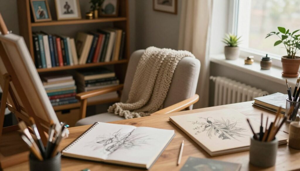 A cozy domestic scene showcasing the influence of home life on creativity, featuring a thoughtfully decorated artist's studio. In the foreground, a wooden desk cluttered with artistic tools—a sketchbook, paintbrushes, and canvases—glows softly under warm, natural light from a nearby window. In the middle, a comfortable armchair with a textured throw faces the desk, suggesting a space for reflection and inspiration. In the background, shelves filled with books and personal mementos hint at a life rich in experiences. The atmosphere is serene and inviting, evoking a sense of harmony between domesticity and artistic expression. Capture this scene with a warm color palette, soft focus, and a slightly elevated angle to enhance the intimate ambiance.