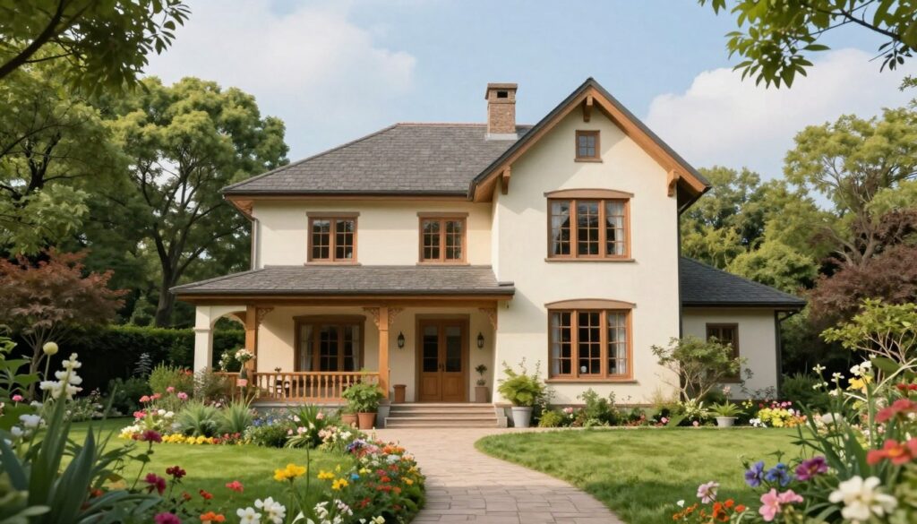 A cozy, elegant house reminiscent of a classic European architecture, surrounded by lush greenery and colorful flowers in a tranquil garden setting. In the foreground, a well-maintained pathway leads to the entrance of the house, inviting and warm. The middle ground features the house itself, painted in soft pastels with wooden accents, large windows allowing natural light to filter in. In the background, tall, leafy trees provide a serene backdrop, while the sky is painted in gentle shades of blue and white, suggesting a pleasant, sunny day. The scene evokes a sense of nostalgia and warmth, celebrating the beauty of a legendary actress's home, captured in soft, diffused lighting. Suitable for a professional article.