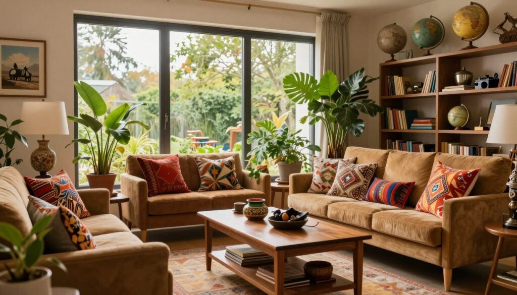 A cozy yet sophisticated home interior reflecting the life of Wojciech Cejrowski, showcasing elements from both Poland and the USA. In the foreground, a tastefully decorated living room featuring warm wooden furniture, plush armchairs, and colorful cultural artifacts. The middle ground highlights large windows with natural light streaming in, framed by lush green plants, hinting at a vibrant outdoor setting. The background reveals a glimpse of a travel-inspired bookshelf filled with globes and travel souvenirs, symbolizing Cejrowski's adventurous spirit. The scene is warm and inviting, evoking a sense of comfort and exploration. Use soft, diffused lighting to enhance the welcoming atmosphere, capturing the essence of a home that blends cultural heritage and worldly adventures.