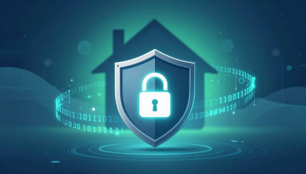 A digital representation of safety and privacy concepts, with a focus on how it relates to personal addresses. In the foreground, a stylized shield symbolizing protection and security, adorned with a padlock, glowing softly. Surrounding the shield, ethereal binary code streams representing data privacy. In the middle ground, a blurred silhouette of a house, emphasizing anonymity, nestled among soft, abstract shapes that suggest a digital landscape. The background features a gradient of deep blues and greens, evoking a sense of tranquility and trust. Soft, diffused lighting creates a modern, secure ambiance, with an emphasis on digital connectivity. This image should evoke feelings of safety, security, and the importance of privacy in the digital age, all while maintaining a professional appearance.