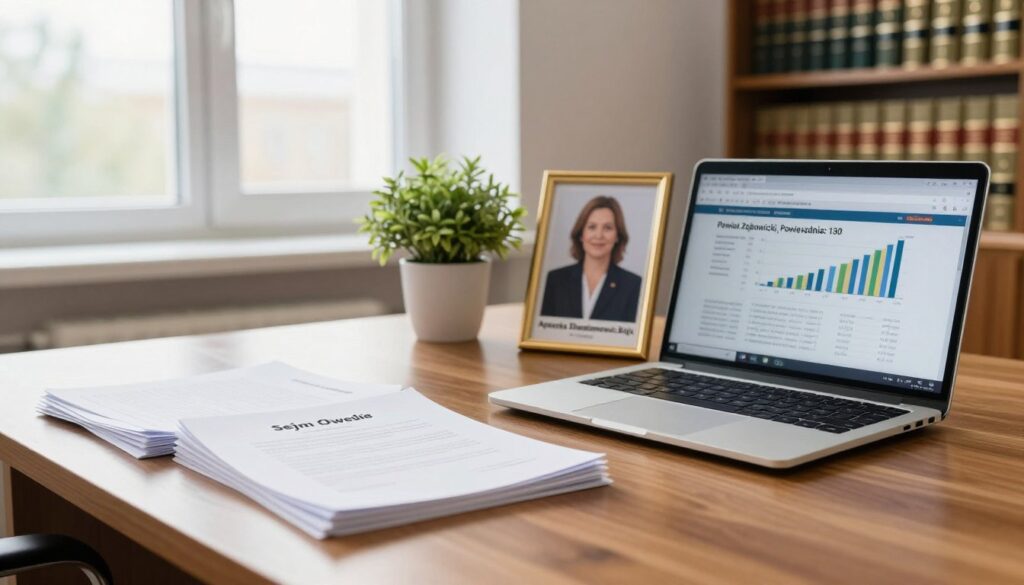 A formal office setting showcasing a polished wooden desk with a stack of documents labeled “Sejm Oświadczenie”, prominently featuring the title “Powiat Ząbkowicki, Powierzchnia: 130”. In the foreground, an elegant laptop sits open, displaying financial charts and graphs. In the middle, a potted plant adds a touch of greenery beside a framed photo of Agnieszka Dziemianowicz-Bąk in professional business attire, conveying a sense of authority and focus. The background features a large window with soft natural light pouring in, creating a bright, inviting atmosphere, complemented by a bookcase filled with legal books. Capture a mood of professionalism and diligence, emphasizing the importance of transparency in political matters.