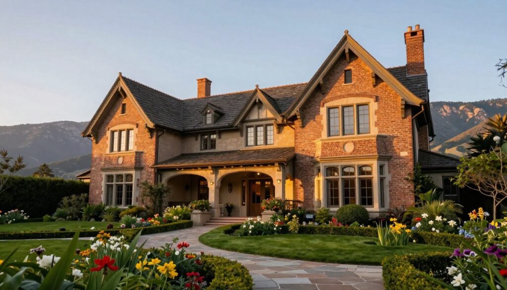 A grand Tudor-style mansion, known as Porter House, nestled in the picturesque landscape of Montecito. The foreground showcases an elegantly manicured garden with vibrant flowers and lush greenery, bordered by stone pathways leading to the entrance. The middle section features the imposing façade of the house, with characteristic gabled roofs, ornate brickwork, and tall arched windows catching the warm golden light of a late afternoon sun. In the background, a tranquil view of the Santa Ynez Mountains provides a stunning backdrop. Soft, ambient lighting bathes the scene, creating a serene and romantic atmosphere, ideal for weddings. The angle captures the house slightly from below, emphasizing its grandeur, while inviting a sense of mystery and elegance surrounding this luxurious property.