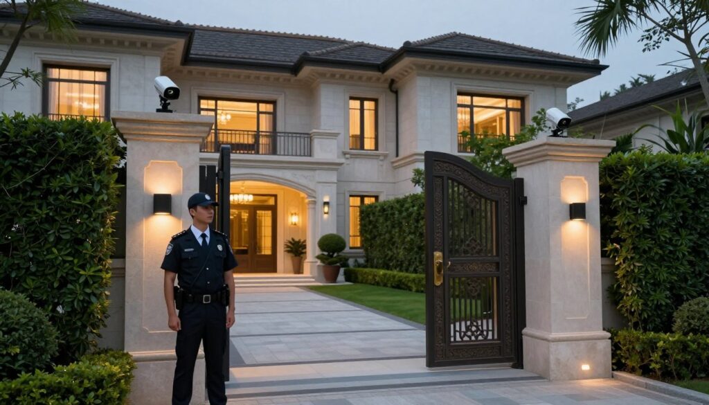 A luxurious celebrity mansion at twilight, featuring a high-tech security system with visible surveillance cameras and an imposing, ornate gate. In the foreground, a sleek security guard in professional business attire stands watch, scanning the surroundings. The middle ground shows the contemporary architecture of the mansion, with elegant landscaping and soft outdoor lighting illuminating the pathways. In the background, a wall of tall, lush hedges provides privacy and adds to the secluded atmosphere. Soft golden light from the windows reflects a cozy yet secure home environment. The overall mood is sophisticated and secure, emphasizing the balance of luxury and vigilance in celebrity home security.
