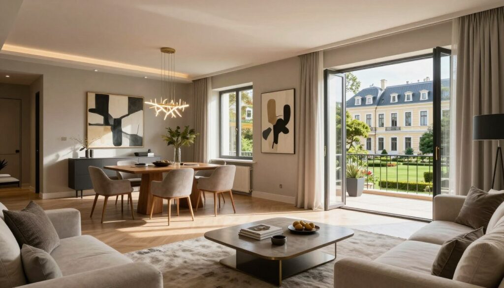 A luxurious interior of a modern apartment in Wilanów, Warsaw, showcasing elegant design elements. In the foreground, a spacious living room with plush furniture in neutral tones, featuring a stylish coffee table and a large abstract painting on the wall. A sleek glass balcony door opens to a view of manicured gardens. In the middle ground, a sophisticated dining area with a beautiful wooden table and designer chairs, accented by a chic chandelier. Soft afternoon light floods the room, enhancing the warm atmosphere. In the background, large windows reveal the stunning architecture of Wilanów surrounding the apartment. The overall mood is one of understated elegance and comfort, reflecting a contemporary lifestyle.