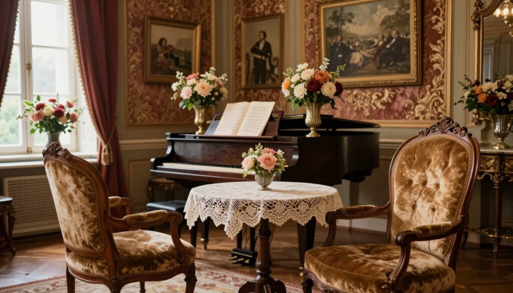 A luxurious interior showcasing the opulence of Maryla Rodowicz's home, featuring antique furniture, ornate decorations, and intricate details that reflect Polish musical heritage. In the foreground, a vintage velvet armchair and an antique wooden table adorned with a delicate lace tablecloth. The middle ground reveals a grand piano with sheet music open, surrounded by elegant vases filled with fresh flowers. The background displays richly textured walls with framed artwork and ornate moldings. Soft, warm lighting bathes the space, creating a cozy yet sophisticated atmosphere, while a large window allows gentle natural light to filter in. The overall mood is one of elegance and nostalgia, capturing the essence of a music legend's home.
