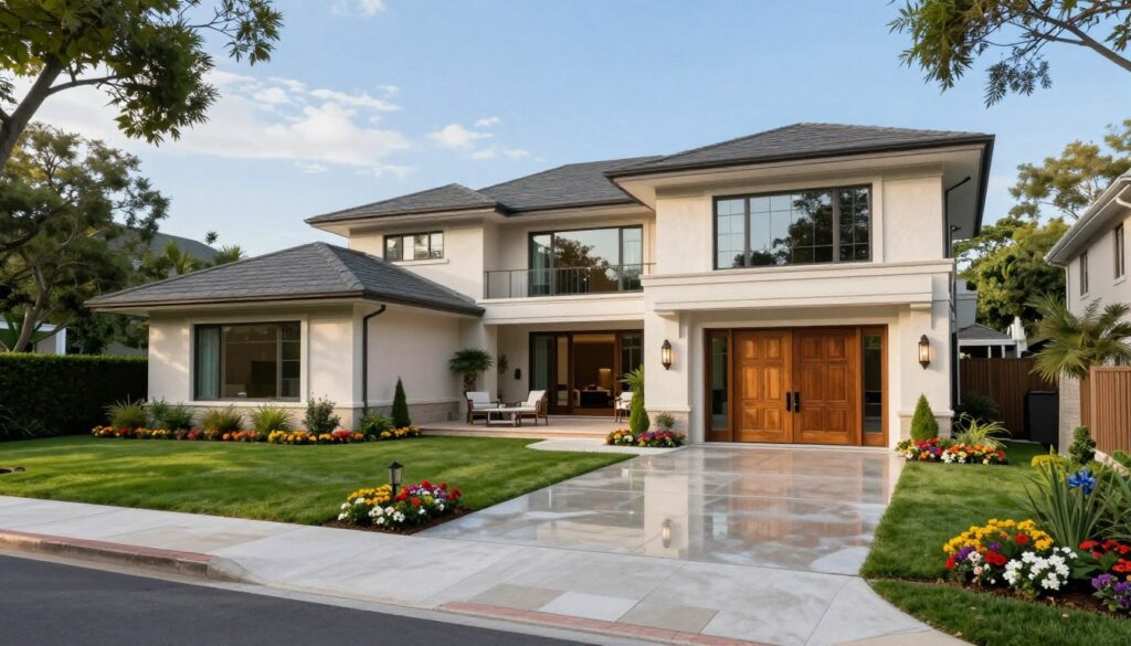 A luxurious suburban house, reflecting modern architecture, surrounded by a well-manicured lawn with vibrant flowers and trees. In the foreground, a glossy driveway leads to a grand entrance, showcasing large wooden doors and sleek glass panels. The middle ground features the main structure, with elegant lines and contemporary design elements, including a spacious deck with outdoor furniture. The background shows a clear blue sky and lush greenery, adding to the serene atmosphere. Soft, natural light illuminates the scene, capturing the house's features beautifully. The mood is inviting and aspirational, perfect for representing the history and value of real estate in a prestigious neighborhood.