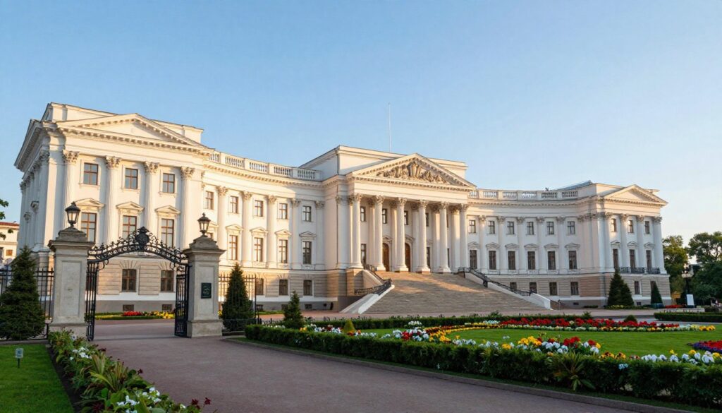 A majestic view of the Presidential Palace in Warsaw, showcasing its elegant neoclassical architecture with white facades, grand columns, and a beautifully manicured front garden. In the foreground, depict the serene entrance, with intricate wrought iron gates and lush greenery lining the pathway. In the middle ground, capture the impressive main building with its grand staircase leading to the entrance, framed by vibrant flower beds. The background should feature a clear blue sky, enhancing the palace's splendor. Utilize soft morning light to create a warm and inviting atmosphere. The scene should evoke a sense of dignity and authority, emphasizing the importance of the presidential residence. No human subjects are present in the image. A majestic view of the Presidential Palace in Warsaw, showcasing its elegant neoclassical architecture with white facades, grand columns, and a beautifully manicured front garden. In the foreground, depict the serene entrance, with intricate wrought iron gates and lush greenery lining the pathway. In the middle ground, capture the impressive main building with its grand staircase leading to the entrance, framed by vibrant flower beds. The background should feature a clear blue sky, enhancing the palace's splendor. Utilize soft morning light to create a warm and inviting atmosphere. The scene should evoke a sense of dignity and authority, emphasizing the importance of the presidential residence. No human subjects are present in the image.