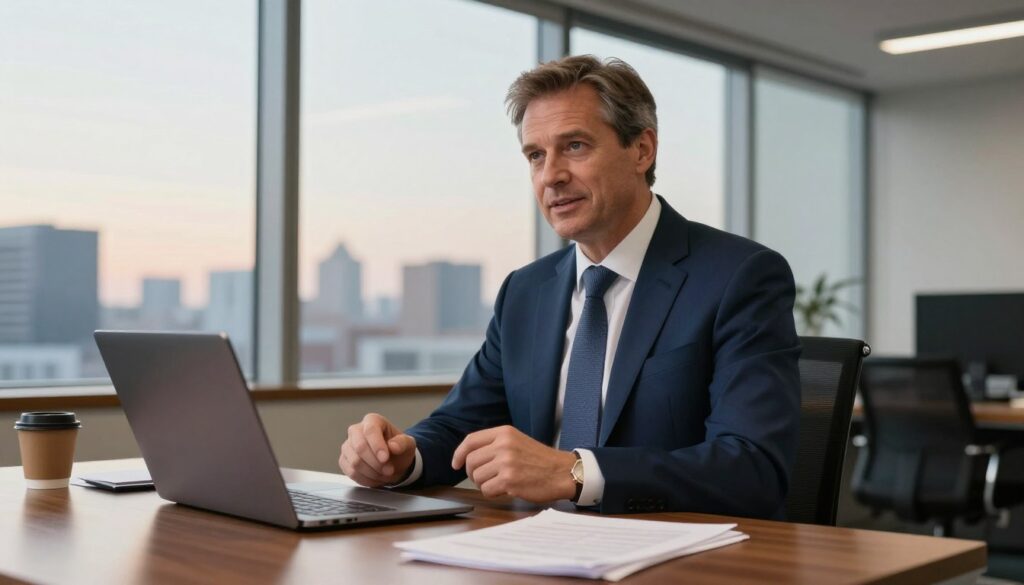 A middle-aged man with a confident demeanor, Stan Tymiński, is portrayed in a modern office setting. He wears a tailored navy suit and a crisp white shirt with a subtle tie, looking engaged in conversation. The foreground features a polished wooden desk littered with papers, a sleek laptop, and a cup of coffee. In the background, large windows reveal a city skyline with the soft glow of evening light, casting a warm ambiance throughout the room. Use soft, diffused lighting to enhance the professional atmosphere. Capture the scene from a slightly low angle to emphasize his authority, while maintaining a candid and approachable vibe, reflecting his current involvement in public life. The mood is one of professionalism and renewed engagement.