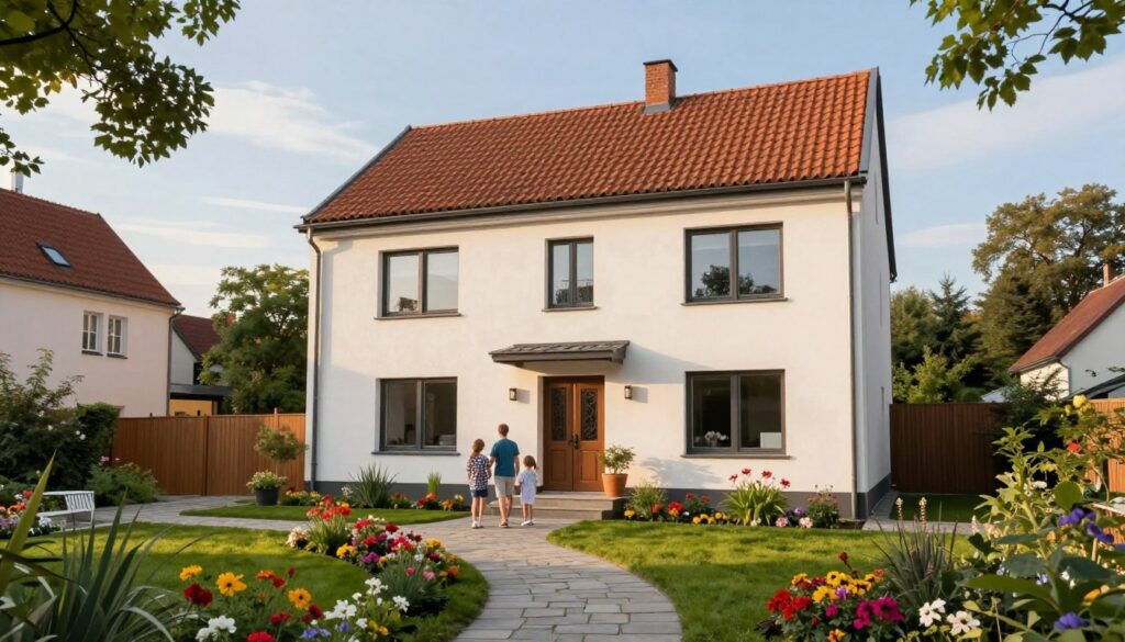 A modern family home in Toruń, Poland, showcasing a beautifully designed exterior with a blend of contemporary and traditional Polish architectural styles. In the foreground, a well-maintained garden filled with vibrant flowers and a winding path leads to the entrance. The middle scene highlights the inviting facade of the house, featuring large windows and a charming entrance door. The background reveals a serene neighborhood with lush trees and a blue sky, creating a peaceful atmosphere. The lighting is soft, capturing the warm glow of late afternoon sun, providing a cozy feel. The image should evoke a sense of family life, with a focus on elegance and comfort. No people are included in the scene, ensuring a tranquil and inviting representation of the home. A modern family home in Toruń, Poland, showcasing a beautifully designed exterior with a blend of contemporary and traditional Polish architectural styles. In the foreground, a well-maintained garden filled with vibrant flowers and a winding path leads to the entrance. The middle scene highlights the inviting facade of the house, featuring large windows and a charming entrance door. The background reveals a serene neighborhood with lush trees and a blue sky, creating a peaceful atmosphere. The lighting is soft, capturing the warm glow of late afternoon sun, providing a cozy feel. The image should evoke a sense of family life, with a focus on elegance and comfort. No people are included in the scene, ensuring a tranquil and inviting representation of the home.