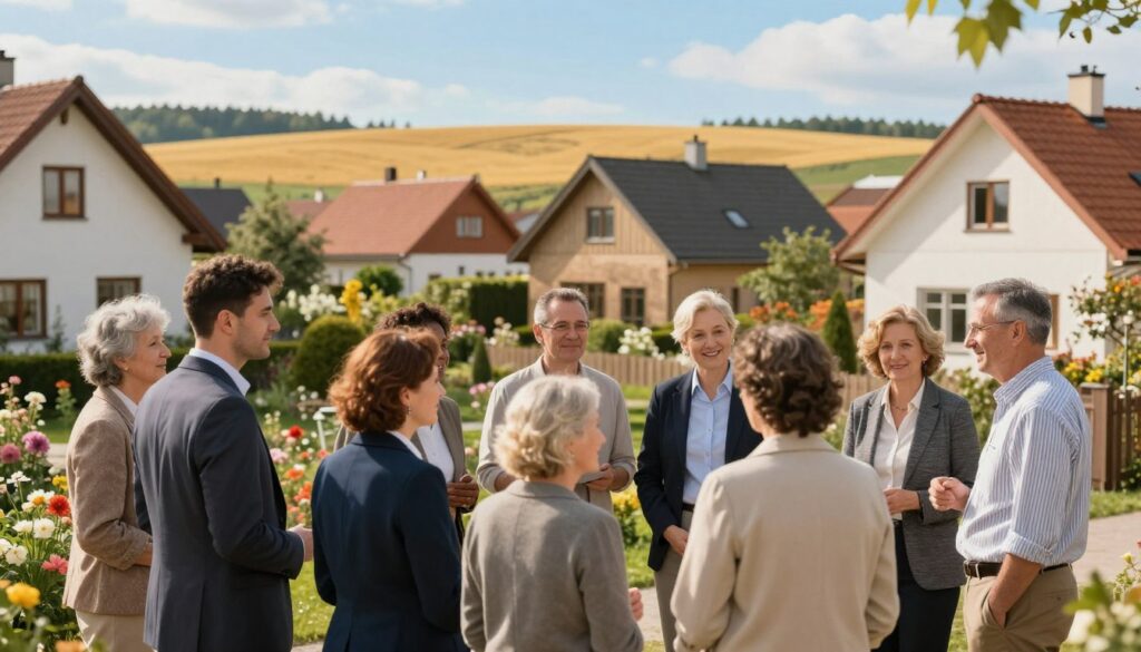 A picturesque community scene in "Złote Łany," showcasing the vibrant life of residents. In the foreground, a group of diverse individuals dressed in professional business attire and modest casual clothing engage in friendly conversation, exuding a sense of warmth and camaraderie. The middle ground features charming homes with blooming gardens, reflecting a close-knit community spirit. In the background, golden fields stretch under a bright blue sky, symbolizing prosperity and connection to nature. Soft, warm lighting enhances the inviting atmosphere, while a slight depth of field focuses on the community members, creating an intimate feel. The overall mood is harmonious and uplifting, highlighting the role of togetherness and support in "Złote Łany."