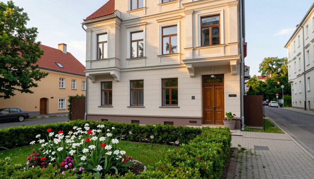 A picturesque view of a residential building in Żoliborz, Warsaw, showcasing its elegant architecture characterized by classic and modern elements. In the foreground, a well-maintained garden with blooming flowers and neatly trimmed hedges adds vibrant color. The middle ground features the distinctive facade of the house, with large windows reflecting the surrounding greenery and a wooden front door adorned with intricate details. In the background, charming streets lined with trees and nearby houses create a serene neighborhood atmosphere. Soft, natural lighting bathes the scene in a warm glow, suggesting a late afternoon ambiance. The perspective is slightly elevated, providing a comprehensive view of the property and its tranquil environment, evoking a sense of calm and community living.