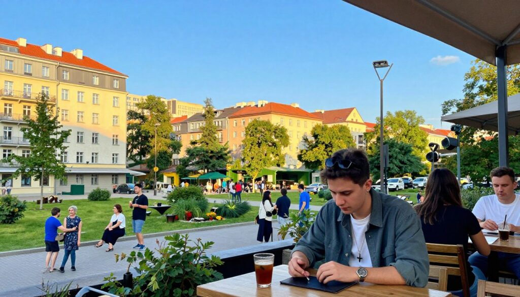 A scenic view of Mokotów, a vibrant neighborhood in Warsaw, Poland, reflecting the lifestyle of an artist. In the foreground, a stylish young man dressed in casual but fashionable attire, immersing himself in the lively atmosphere of a local café. The middle ground features modern buildings interspersed with lush green parks, where couples and friends mingle, creating a sense of community. In the background, iconic city landmarks peek through the skyline under a bright blue sky, warmed by golden sunlight. The mood is urban and energetic yet relaxed, capturing the essence of Mokotów as a hub for creativity and cultural expression. The composition is vibrant and engaged, shot from a slight low angle to emphasize the dynamic urban landscape.