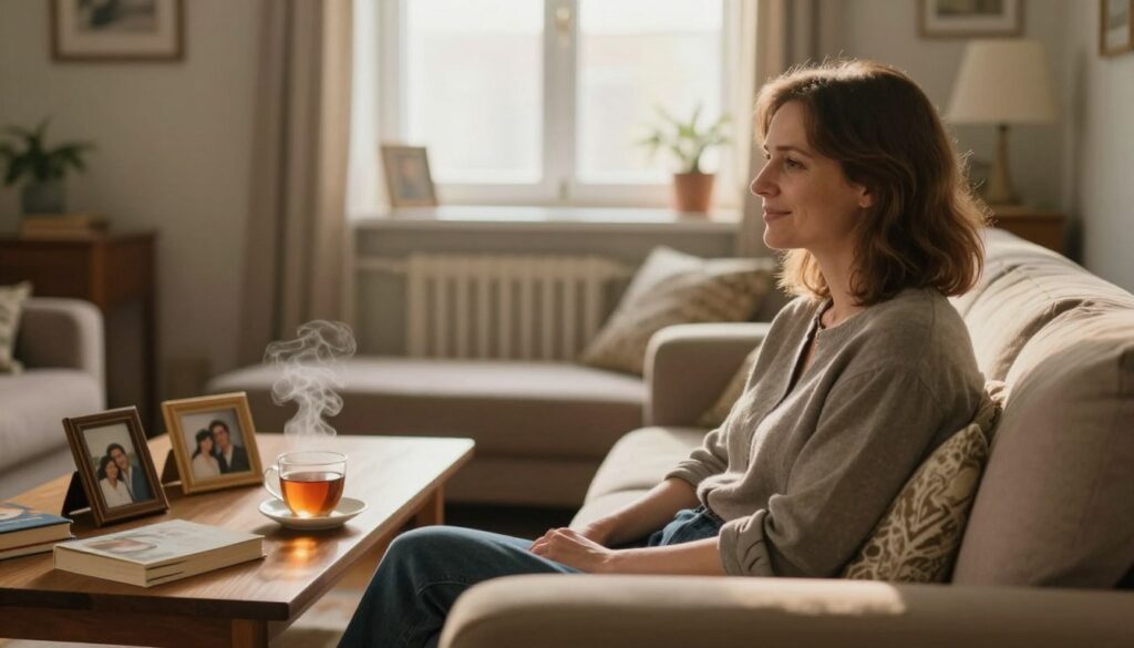 A serene and intimate scene depicting a woman in her cozy living room, reflecting the life of Elżbieta Dmoch away from the stage. The foreground features a modestly dressed woman with a warm smile, seated on a comfortable sofa surrounded by books and personal mementos. In the middle ground, a wooden coffee table holds a steaming cup of tea and a few family photographs. The background shows a softly lit window with gentle sunlight filtering through, casting a warm glow across the room. The atmosphere conveys tranquility and warmth, suggesting a deep connection to the comforts of home. Use soft focus for a dreamy effect, with natural light enhancing the calm ambiance.