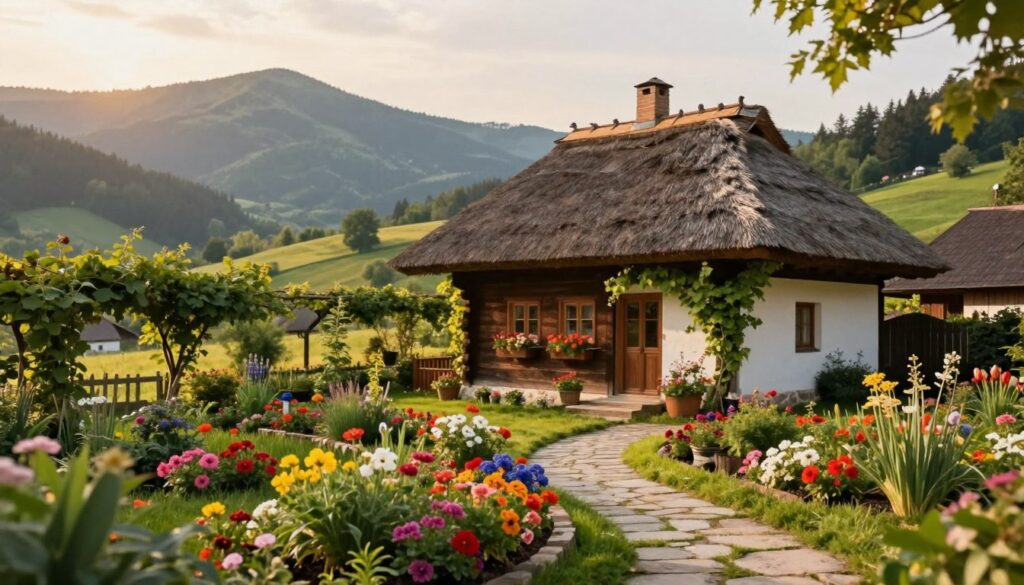 A serene countryside garden in the Bieszczady mountains, featuring a quaint, rustic house surrounded by lush greenery. In the foreground, vibrant flower beds with a mixture of colorful blossoms, neatly arranged around a stone path leading to the entrance. The middle ground showcases the traditional wooden house with a thatched roof, adorned with climbing vines and window boxes filled with flowers. In the background, rolling hills and distant mountains bathed in warm, golden sunlight, suggesting a peaceful afternoon. The atmosphere is tranquil and inviting, evoking a sense of rural charm. The image should capture the essence of everyday life in the countryside, emphasizing the beauty of nature and simplicity. Image captured with a soft focus lens, creating a dreamy, warm light effect.
