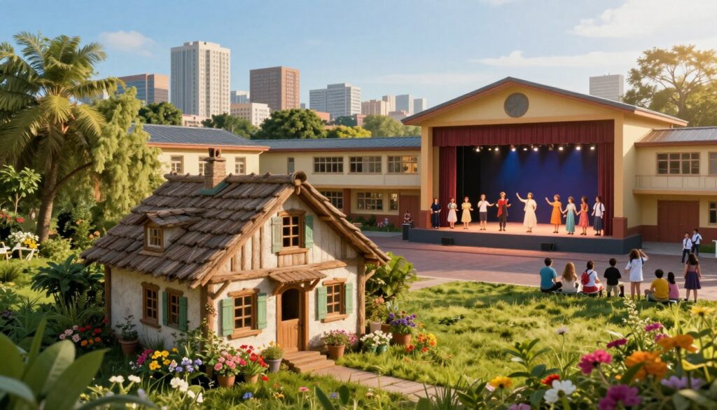 A serene landscape showcasing three significant places that shaped Magdalena Zawadzka from childhood to adulthood. In the foreground, depict a charming rustic house symbolizing her childhood home, surrounded by lush greenery and colorful flowers, basking in warm sunlight. In the middle ground, illustrate a vibrant school or theater where she nurtured her passion for acting, with expressive students engaged in performances, captured mid-action. In the background, present a bustling cityscape, signifying her emergence into adulthood, with tall buildings under a clear blue sky. Illuminate the scene with soft, golden hour lighting to evoke a nostalgic atmosphere, using a slightly elevated angle to capture the layered essence of her journey.