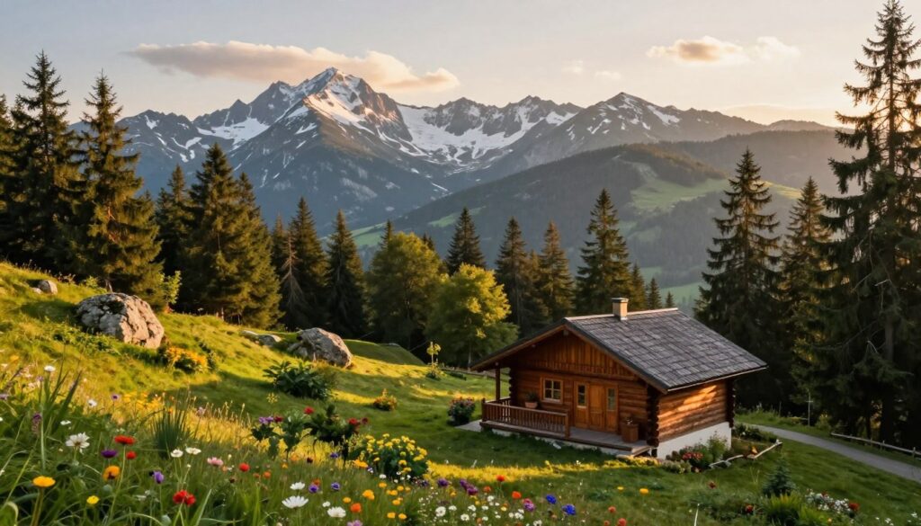 A serene mountain landscape during golden hour, capturing the essence of tranquility and natural beauty. In the foreground, a cozy wooden cabin with a welcoming porch sits surrounded by colorful wildflowers and a small garden. The middle ground features lush green pine trees and rocky outcrops, while rolling hills lead into the majestic snow-capped peaks of the mountains in the background. Soft sunlight filters through the trees, creating dappled patterns on the ground, adding warmth to the scene. The atmosphere is peaceful and inviting, suggesting a retreat from the hustle and bustle of city life. A slightly elevated angle showcases the depth of the landscape, inviting the viewer into this serene escape away from urban life, close to Krakow.