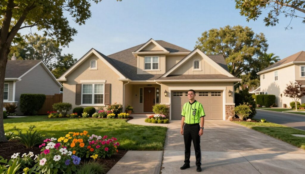 A serene residential neighborhood representing a place of dwelling, featuring a charming house with a well-kept garden. In the foreground, vibrant flowers bloom alongside a tidy pathway leading to the front door. The middle section highlights the house, showcasing a cozy facade with warm, inviting colors, and a well-organized driveway. The background reveals a peaceful street lined with mature trees under a clear blue sky, casting soft shadows on the ground. The scene is bathed in gentle morning light, enhancing a sense of tranquility and professionalism. The atmosphere conveys the importance of a stable home environment for a world-class referee, evoking feelings of comfort, reliability, and focus in their career. The composition is captured from a slightly elevated angle, providing a comprehensive view of the residence.