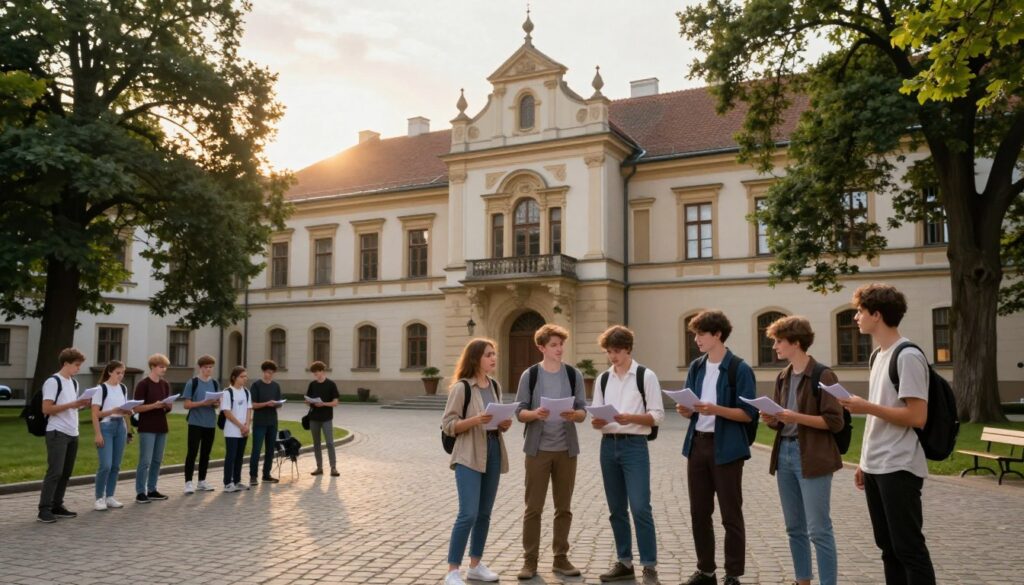 A serene scene depicting a Kraków high school, showcasing its elegant architecture and vibrant courtyard filled with students. In the foreground, a group of young actors in modest, casual clothing discuss lines for a theater performance, their expressions showing enthusiasm and creativity. In the middle ground, the school's façade, characterized by intricate details and historical charm, looms invitingly. Lush trees frame the scene, contributing to a warm, inviting atmosphere. In the background, soft golden hour sunlight filters through the leaves, casting gentle shadows on the cobblestone path leading towards the school. The overall mood is one of growth and artistic aspiration, emphasizing the journey of students pursuing their dreams in the performing arts. Capture this moment with a wide-angle lens to encompass the entire setting.