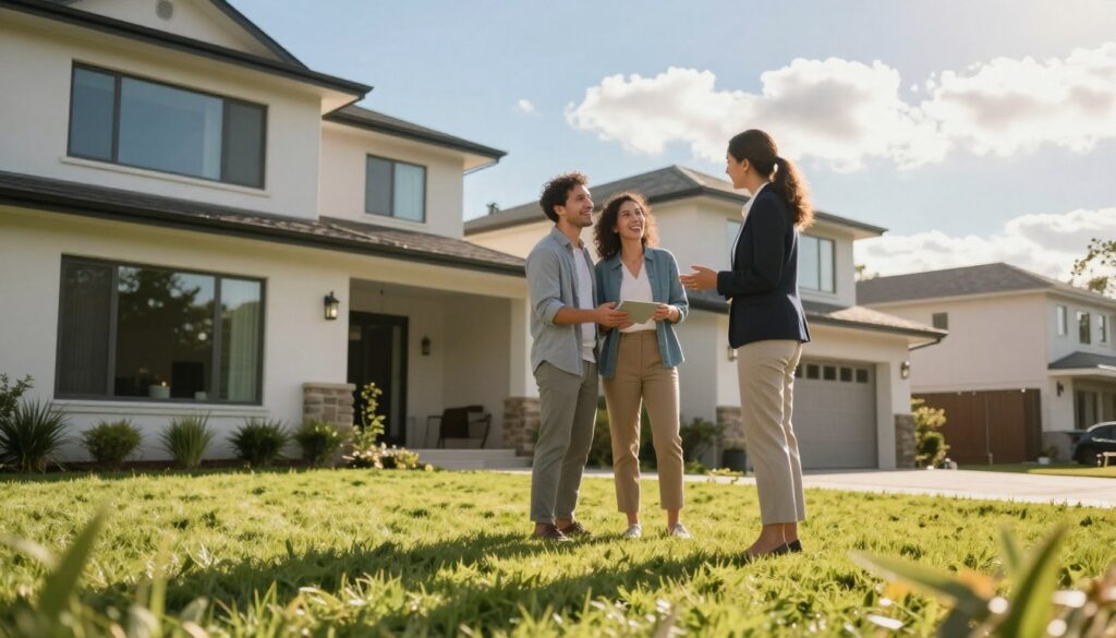 A serene suburban scene showcasing the concept of property sales, featuring a well-manicured lawn with a modern house in the foreground, emphasizing sleek architecture and large windows. In the middle ground, a friendly real estate agent in professional attire is engaging with a couple, who are looking visibly excited as they discuss home features. In the background, a clear blue sky introduces a warm, inviting atmosphere, with a few fluffy clouds softly diffusing sunlight. The image captures a sense of optimism and renewal, reflecting the changes in real estate trends. Use natural lighting to enhance the warmth of the scene, with the sun casting gentle shadows to add depth. The angle should be slightly elevated to encompass both the home and the interaction, creating an inviting and aspirational feeling.