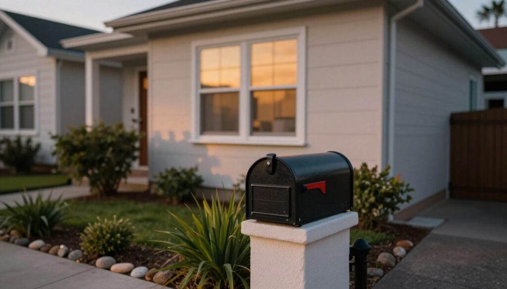 A serene urban street scene during twilight, focusing on a stylish, modest house that represents privacy. In the foreground, a close-up of a decorative mailbox with a subtle nameplate indicating a personal touch, surrounded by lush greenery and decorative stones. The middle ground features a softly-lit window reflecting warm light, suggesting a cozy interior, while shadows play gently on the exterior walls. In the background, blurred outlines of neighboring houses fade into the distance, adding depth. The atmosphere is calm and inviting, with a hint of mystery, symbolizing the boundary between public information and personal privacy. The lighting is warm and soft, captured from a slightly elevated angle, emphasizing the tranquility of the setting.