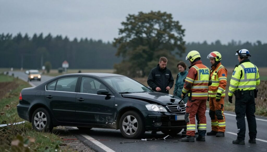 A somber scene depicting a car accident near Brodnica, Poland, featuring a mid-sized black sedan slightly crumpled from a collision. In the foreground, emergency responders in professional attire assess the situation, while a police officer is directing traffic. In the middle ground, a blurred backdrop of trees and a dimly lit country road sets an atmospheric tone. The sky overhead is overcast, casting a gray hue over the entire scene, enhancing the mood of urgency and concern. The angle captures the chaos of the moment, focusing on the responders' expressions of determination and care. Soft, diffused lighting emphasizes the seriousness of the situation, while avoiding sharp shadows for a more muted effect. The image should carefully encapsulate the critical moment without any people engaging in risky behavior or looking overly dramatic, ensuring a respectful portrayal of the incident.