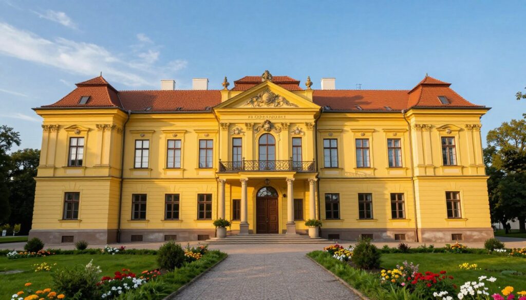 A stunning view of Don Vasyl’s impressive yellow palace in Ciechocinek, showcasing its elegant architecture and grand entrance. In the foreground, lush greenery and vibrant flowers surround the steps leading to the front door, inviting and warm. In the middle ground, the palace itself features large windows and ornate decorations, reflecting its regal character. The background displays a clear blue sky, with soft, golden sunlight illuminating the scene, enhancing the palace's cheerful yellow hue. The mood is one of inspiration and admiration, capturing the essence of a beloved artist's residence. The image is taken with a wide-angle lens, emphasizing the scale and grandeur of the palace, creating a remarkable and inviting atmosphere. A stunning view of Don Vasyl’s impressive yellow palace in Ciechocinek, showcasing its elegant architecture and grand entrance. In the foreground, lush greenery and vibrant flowers surround the steps leading to the front door, inviting and warm. In the middle ground, the palace itself features large windows and ornate decorations, reflecting its regal character. The background displays a clear blue sky, with soft, golden sunlight illuminating the scene, enhancing the palace's cheerful yellow hue. The mood is one of inspiration and admiration, capturing the essence of a beloved artist's residence. The image is taken with a wide-angle lens, emphasizing the scale and grandeur of the palace, creating a remarkable and inviting atmosphere.