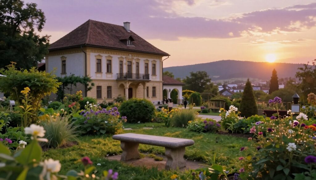 A thoughtful scene depicting a political asylum scenario in Hungary, featuring a symbolic representation of a peaceful retreat. In the foreground, emphasize a serene garden with a small stone bench surrounded by lush greenery and tranquil flowers, symbolizing refuge and contemplation. In the middle ground, illustrate an elegant traditional Hungarian building with architectural charm, hinting at a sense of safety and protection. The background could include distant hills under a soft sunset, casting warm golden and purple hues across the sky, creating a reflective mood. Use soft, diffused lighting to enhance the peaceful atmosphere. Consider a gentle lens flare in the corner to add depth and warmth to the image. The setting should evoke feelings of hope and security amid uncertainty, ideal for a contemplative article on asylum. A thoughtful scene depicting a political asylum scenario in Hungary, featuring a symbolic representation of a peaceful retreat. In the foreground, emphasize a serene garden with a small stone bench surrounded by lush greenery and tranquil flowers, symbolizing refuge and contemplation. In the middle ground, illustrate an elegant traditional Hungarian building with architectural charm, hinting at a sense of safety and protection. The background could include distant hills under a soft sunset, casting warm golden and purple hues across the sky, creating a reflective mood. Use soft, diffused lighting to enhance the peaceful atmosphere. Consider a gentle lens flare in the corner to add depth and warmth to the image. The setting should evoke feelings of hope and security amid uncertainty, ideal for a contemplative article on asylum.
