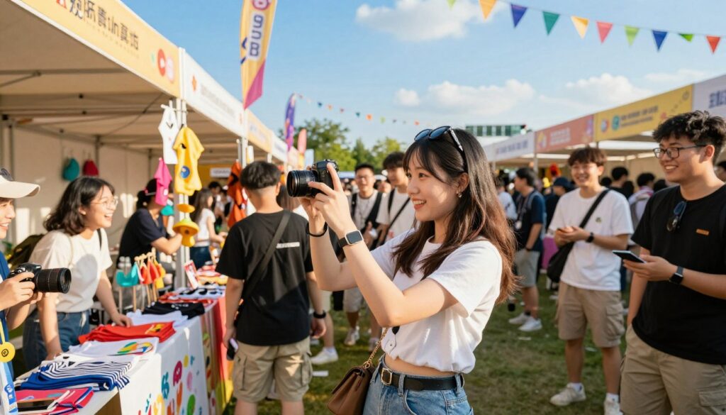 A vibrant and dynamic scene showcasing a young female YouTuber exploring a lively outdoor event. In the foreground, the young woman, dressed in casual yet stylish attire, captures moments with her camera, surrounded by a crowd of engaged fans. In the middle ground, various stalls and booths display colorful event merchandise, while a lively atmosphere fills the air with laughter and excitement. In the background, a bright blue sky complements festive banners fluttering in the wind, emphasizing the cheerful vibe of the gathering. The lighting is warm and inviting, suggesting a sunny afternoon, while the camera angle captures an energetic, slightly elevated view of the scene, adding depth and excitement to the composition. The overall mood is joyful and full of exploration, depicting a perfect day out for the YouTuber.