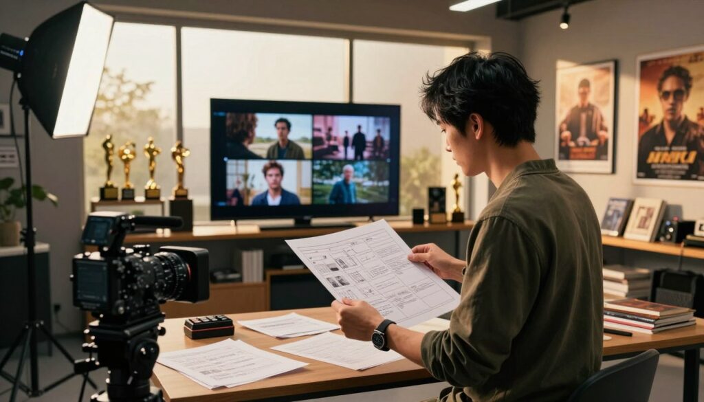 A vibrant and modern director's studio, focusing on creating a cinematic atmosphere. In the foreground, a director with short black hair, dressed in casual yet stylish attire, is examining a storyboard. Tools like a camera, lighting equipment, and scripts are scattered around. The middle ground features a large screen displaying scenes from various films, surrounded by shelves filled with awards and filmmaking books. In the background, large windows let in warm, golden sunlight, casting dramatic shadows on the walls adorned with posters of iconic movies. The mood is creative and inspiring, emphasizing passion for the art of filmmaking, with a professional and artistic vibe throughout the studio space.