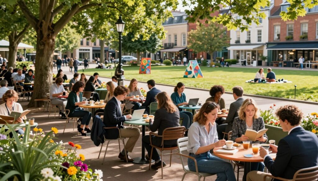 A vibrant scene depicting favorite local spots, featuring a picturesque outdoor café bustling with people enjoying coffee and pastries at colorful tables. In the foreground, lush green trees provide shade, while cheerful flowers bloom along the path. In the middle ground, people of diverse backgrounds engage in conversation, working on laptops, or reading books, all dressed in professional attire or modest casual clothing. Beyond them, a serene park with sunlit grassy areas invites relaxation, dotted with art installations inspiring creativity. The background reveals charming urban architecture, bathed in warm afternoon sunlight, creating a welcoming atmosphere. The overall mood is lively yet inviting, reflecting the essence of community and inspiration in the area, captured from a slightly elevated angle for a panoramic view.